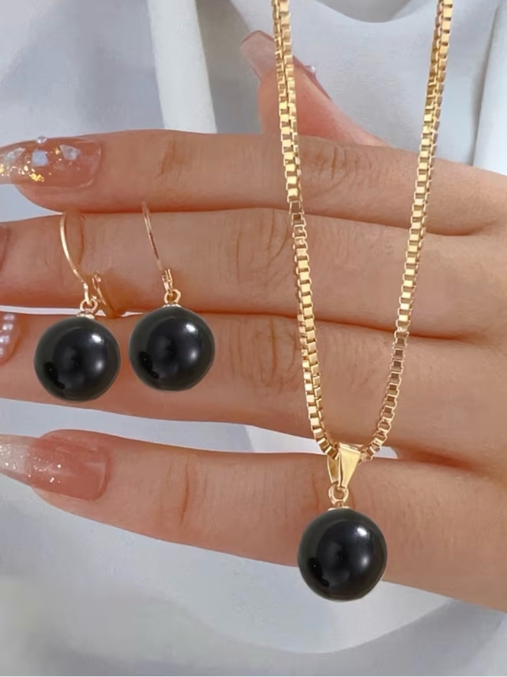 Gold Necklace and Earrings Set with Black Pearl Pendant - Women Jewelry Set